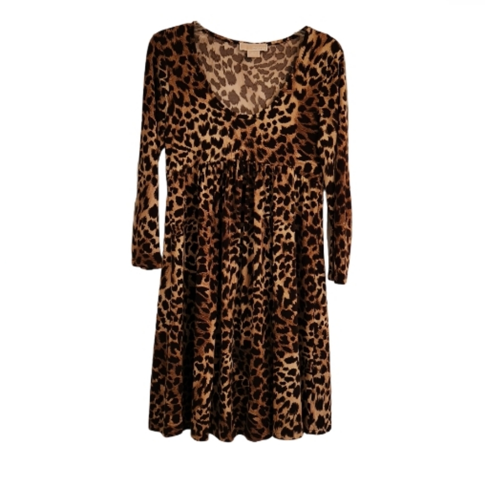 MICHEAL KORS LEOPARD PRINT BABYDOLL LONGSLEEVE DRESS SZ SP